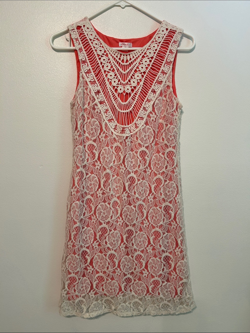Xhilaration Coral Dress with Ivory Crochet Yoke and Overlay Pullover Size M.